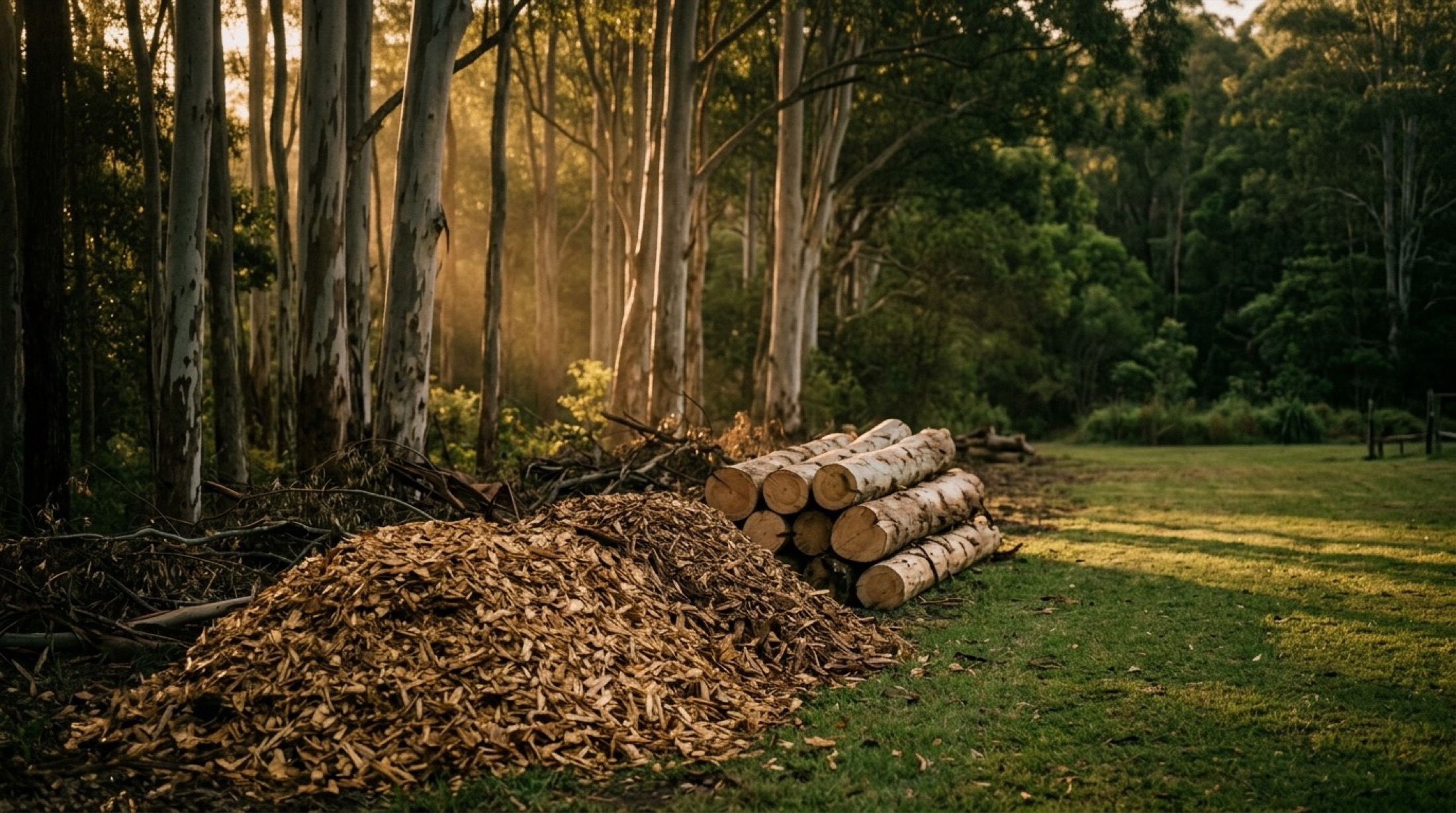 Fresh-cut logs and wood chips stacked at the edge of a cleared lot at golden hour