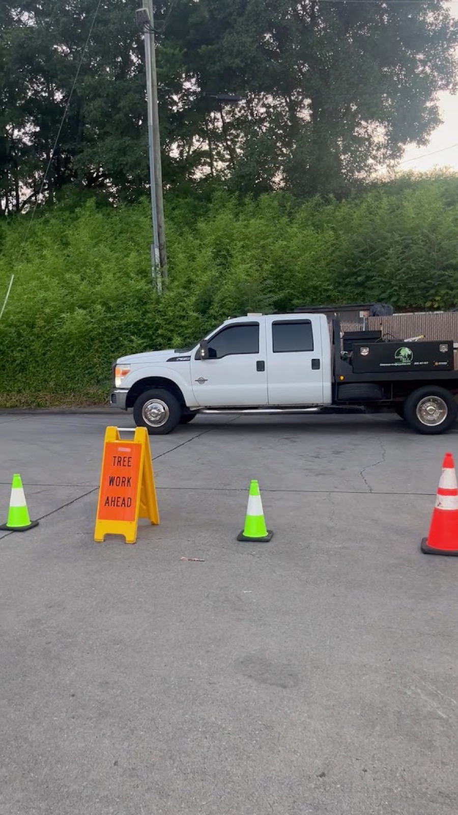 The Elite Tree Service truck and safety signage set up on a Powell job