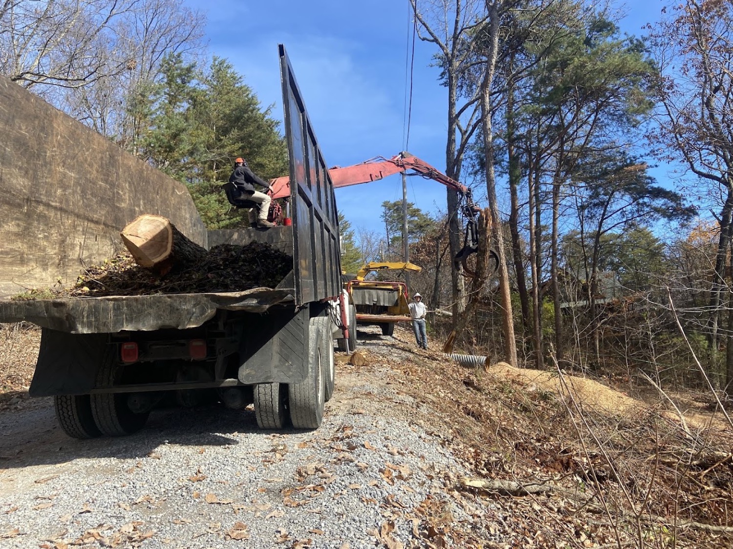 A crane lifting cut logs into a truck on a Powell job